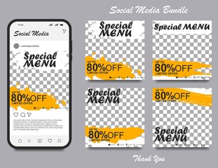 Social media banner for food and drink business. Food social media template for restaurant business. Modern social template post banner. Food discount post template.