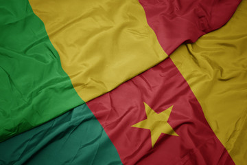 waving colorful flag of cameroon and national flag of mali.