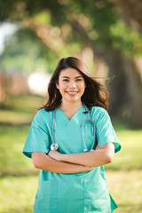 Asian woman in doctor uniform portrait smile and happy face