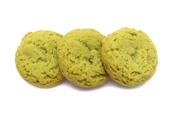Soft cookies green tea flavored filled with chocolate cream isolated on white background.