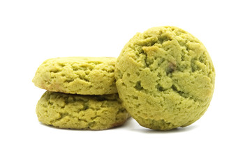Soft cookies green tea flavored filled with chocolate cream isolated on white background.