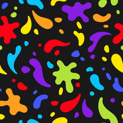Colorful liquid, fluid, flux, flowing shapes seamless repeat geometric vector pattern. Pop art colors, paint splash artistic blobs, blots, splatter abstract creative dynamic trendy background, texture