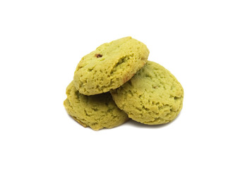Soft cookies green tea flavored filled with chocolate cream isolated on white background.