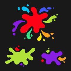 Set of colorful liquid, fluid, flux shapes, backgrounds. Bright pop art colors, paint splash artistic blobs, blots, splatter. Abstract geometric design elements. Creative trendy dynamic templates.