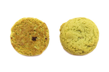 Soft cookies green tea flavored filled with chocolate cream isolated on white background.