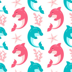 Seamless pattern of cute dolphins, underwater world on a white background. Vector baby print for packaging, fabrics, wallpapers, textiles.