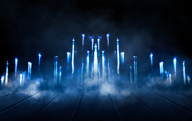 Empty dark room, brick wall and concrete floor. Empty building scene. Blue neon light. Dark empty scene, blue neon searchlight light, wet asphalt, smoke, night view, rays.