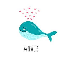 Cute whale, cartoon underwater animal isolated on white background. Vector illustration for children.