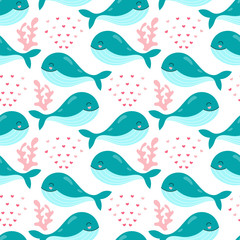 Seamless pattern of cute whales, underwater world on a white background. Vector baby print for packaging, fabrics, wallpapers, textiles.