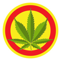 Vector illustration of cannabis leaves on red-yellow color, as a symbolic icon.