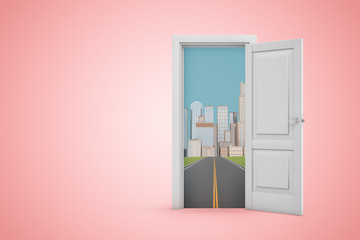3d rendering of open white door on pink copy space background, opening to asphalt road that leads to skyscraper city.
