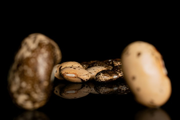 Lot of whole speckled brown bean pinto back focus isolated on black glass