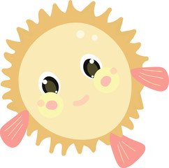 Cute, cartoon, character hedgehog fish with smile . Vector isolated on white background . Concept for print, web design, cards , logo 