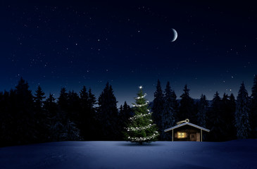 Weihnachtlich beleuchtete Hütte in Kalter Winternacht mit Sternenhimmel und Christbaum