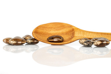 Lot of whole speckled brown bean pinto with wooden spoon isolated on white background