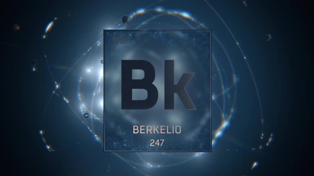 Berkelium as Element 97 of the Periodic Table. Seamlessly looping 3D animation on blue illuminated atom design background with orbiting electrons. Name, atomic weight, element number in Spanish langua