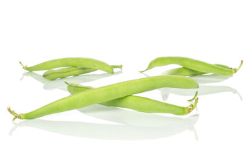 Group of six whole snap green bean isolated on white background