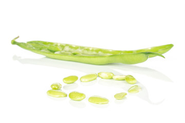 Group of two halves lot of pieces of snap green bean isolated on white background