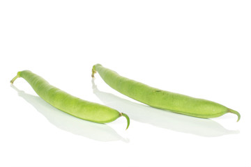 Group of two whole snap green bean isolated on white background