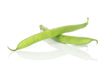 Group of two whole snap green bean isolated on white background