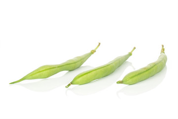Group of three whole snap green bean isolated on white background