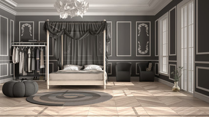 Classic luxury bedroom, hotel suite, herringbone parquet, stucco molded walls, double canopy bed with pillows and blankets, carpet with pouf, armchair, white and gray interior design