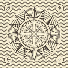Vector banner with sun, wind rose and old nautical compass in retro style. Hand-drawn illustration on the theme of travel, adventure and discovery on the background with waves