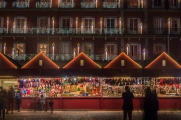 Christmas market frontal in the Mayor Square in Madrid. Spain