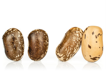 Group of four whole speckled brown bean pinto isolated on white background