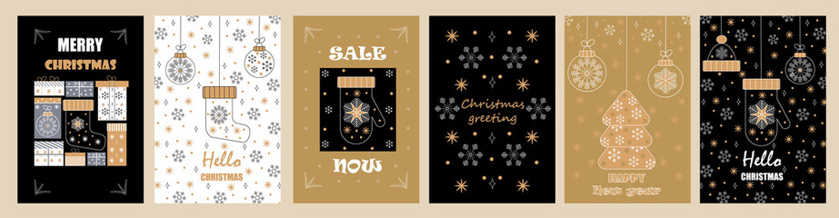 Fototapeta na wymiar Christmas balls on greeting xmas cards in outline, scandinavian style. Snowflake are falling. Promo gift, winter sale posters. Minimal illustration set of New year.