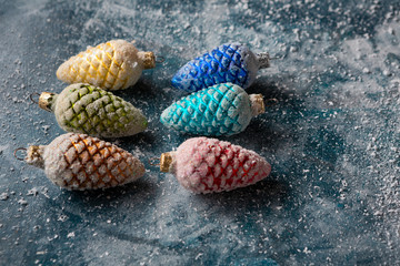 Xmas decorations on blue snow background