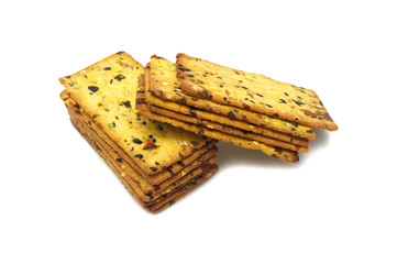 Thin biscuit with veggies flavored isolated on white background.