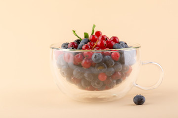 Full cup of blueberries and red currant, tea concept