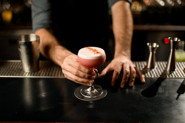 Bartender holding decorated alcohol cocktail in small glass