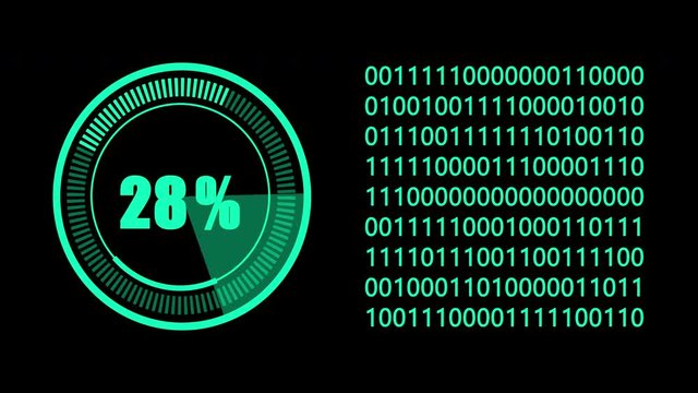 Green 2D digital HUD graphic progress display and binary code on black screen - futuristic technology background concept