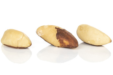 Group of three whole brazil brown nut isolated on white background