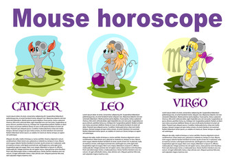 Vector cartoon mouse horoscope - set of Cancer, Leo, Virgo