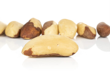 Group of eight whole brazil brown nut front focus isolated on white background