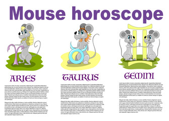 Vector cartoon mouse horoscope - set of Aries, Taurus, Gemini