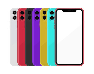 Set of realistic smartphones mockup different colors. Cellphone frame with blank display. Vector mobile device concept
