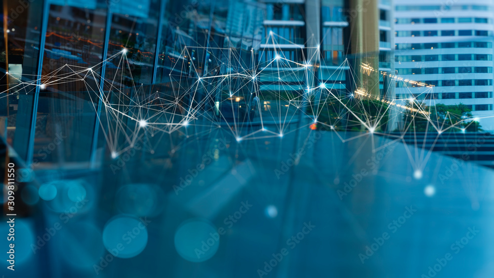 Leinwandbilder wireless network and connection technology concept with abstract buildings and city background
