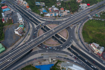 Beautiful Roundabout Rama 5 Aerial Top view Thailand with long exposure cars traffic