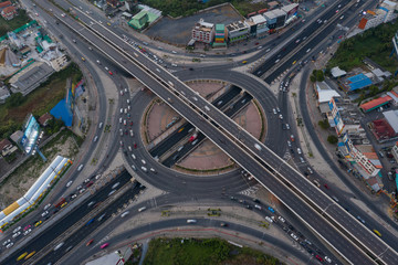 Beautiful Roundabout Rama 5 Aerial Top view Thailand with long exposure cars traffic