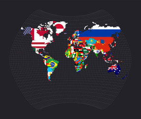 Worldmapwith flags of each country. Larrivee projection. Map of the world with meridians on dark background. Vector illustration.