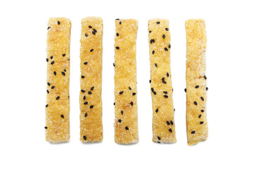 Pie or Bread stick with black sesame isolated on white background.
