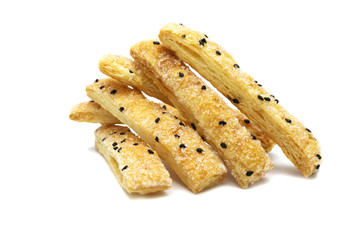 Pie or Bread stick with black sesame isolated on white background.