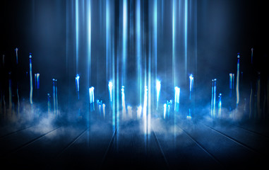Dark street, wet asphalt, reflections of rays in the water. Abstract dark blue background, smoke,...