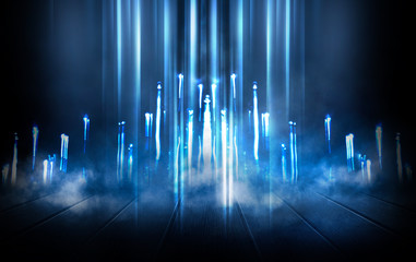 Dark street, wet asphalt, reflections of rays in the water. Abstract dark blue background, smoke,...