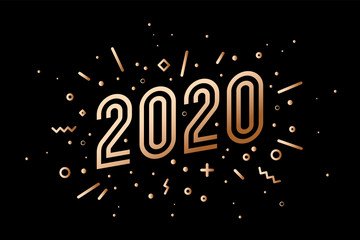 2020, Happy New Year, gold. Greeting card with golden Happy New Year 2020. Geometric memphis gold style for Happy New Year or Merry Christmas 2020. Background, banner, poster. Vector Illustration