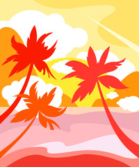 Shore with palm trees against the backdrop of the ocean and the setting sun. Tropical landscape, tourism. Vector illustration.